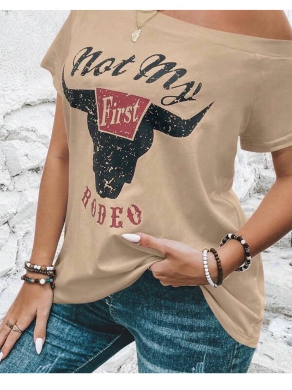 SHEIN Beige Off-Shoulder Rodeo Graphic Tee